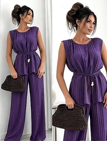 Overalls: Ženski plisirani komplet – top bez rukava + široke pantalone - — 1