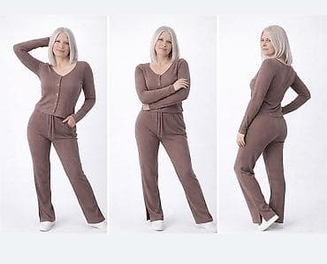 bez kozne pantalone: Damski rebrasti komplet – kardigan i pantalone - Dvodelni set od — 3