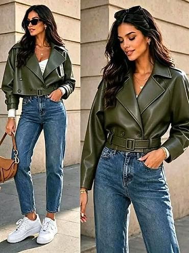 metalni kais: Kratka ženska jakna od eko kože - Model: kraća biker/trenč silueta sa — 7