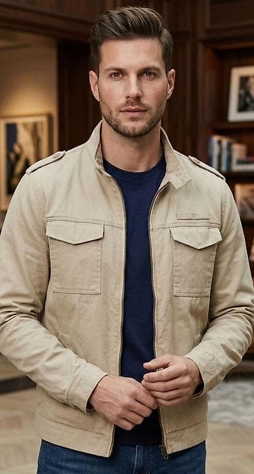 Muška lagana jakna – bež - Model: casual/utility stil sa ravnim