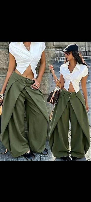 beli bison: Ženske široke pantalone sa preklopom – avangardni kroj - Model — 2