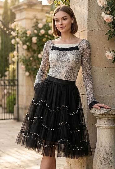 Romantična midi suknja od tila sa perlama - Silueta: A-linija, midi