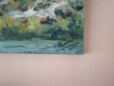 stope za drvene stubove cena: Ulje na platnu – pejzaž sa vodenicama - Motiv: niz starih drvenih — 2