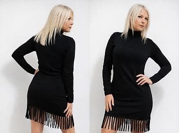 Crna pletena haljina sa resama - Kroj: uska silueta, mini dužina -