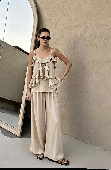 sako i pantalone komplet: Zenski komplet – top na bretele sa volanima + široke pantalone 2900 — 6
