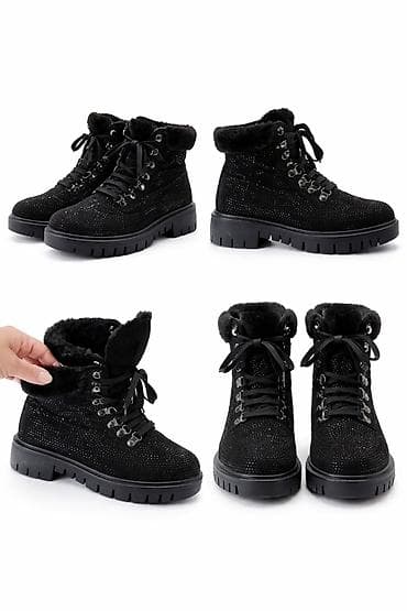 plitke cizme na stiklu: Ženske zimske čizme – crne, sa toplom postavom i ukrasnim sjajem - — 1