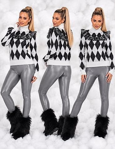 ugg zelene: Ženski zimski outfit – rolka džemper + uske sjajne helanke + krznene — 3