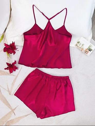 elegantni kompleti sa pantalonama: Satenska pidžama set – 2 dela (majica + šorts) - Materijal: glatka — 1