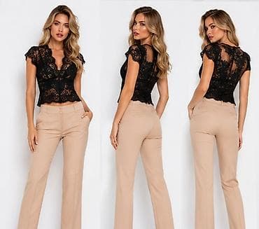 armani cipele: Elegantne ženske pantalone – bež na crtu - Kroj: klasičan ravni kroj — 4