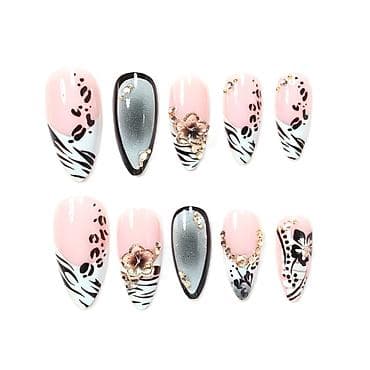 set za negu noktiju: Set presovanih noktiju – dugi, špicasti tipse sa nail art dizajnom - — 4