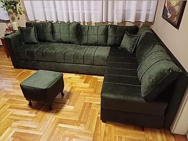 stolovi za radionicu: Ugaona garnitura sa tabureom – tamnozelena, štof/velur - Prostrana — 3