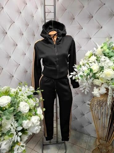 prsluci za punije dame: Dva‑dela ženski trenerka komplet – crna sa bež duplim prugama - — 3