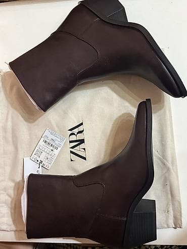 gleznjace sa stiklom: ZARA ženske kožne čizme – braon - Model: gležnjače sa blok petom i — 4