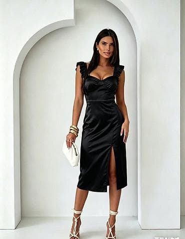 plasticna trska: Saten haljina midi dužine sa volan naramenicama i prednjim prorezom — 4