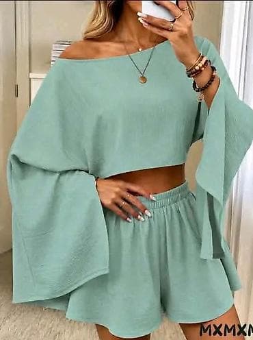 safran zenske papuce: Dva‑dela ženski komplet – top i šorts - Kroj: kratki crop top sa — 4