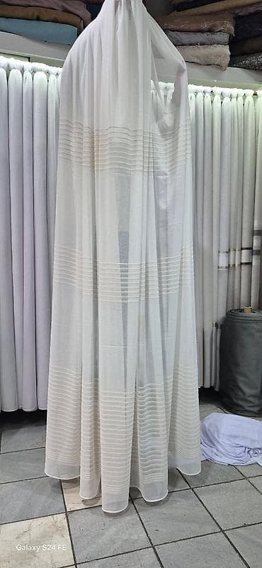 posteljina po meri: Poluprozirne zavese – bela i krem varijanta, sa tkanoj prugom/dekorom — 9