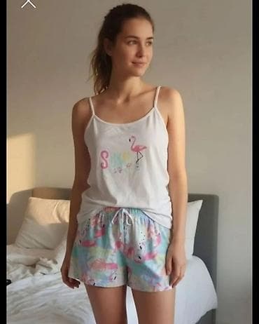 sat sa pticama: Ženski set za spavanje – top i šorts - Gornji deo: beli top na tanke — 1