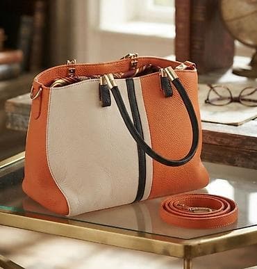 Elegantna ženska torba – dvojevna (narandžasta i bež) sa crnim