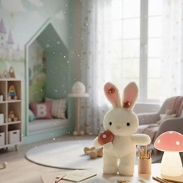 Beli zec sa dugim ušima koje imaju ukrase u obliku pečurki i veliku — 1