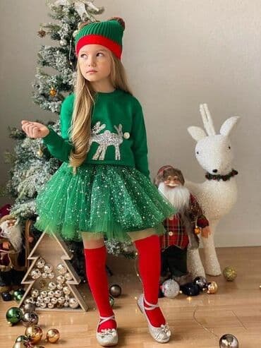 Božićna čarolija - zelena Džemper, suknjica i kapa u kompletu