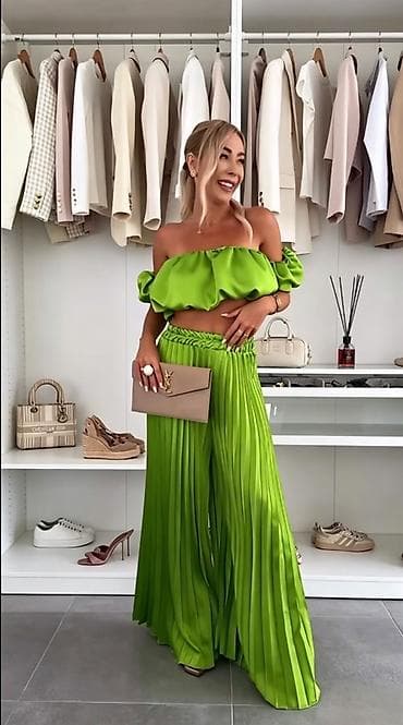 crop kosulja: Dvodelni ženski komplet – plisirane široke pantalone i crop top sa — 7