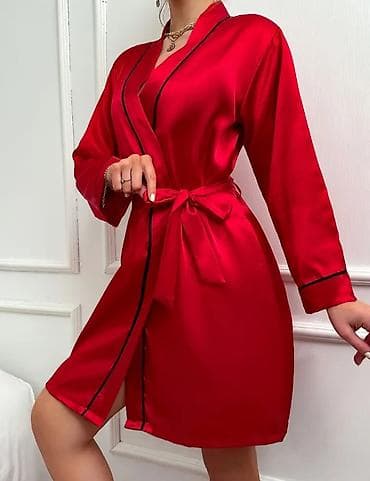 elegantne haljine do kolena: Saten kimono/bademantil, vel. XL – crvena boja - Materijal: glatki — 3