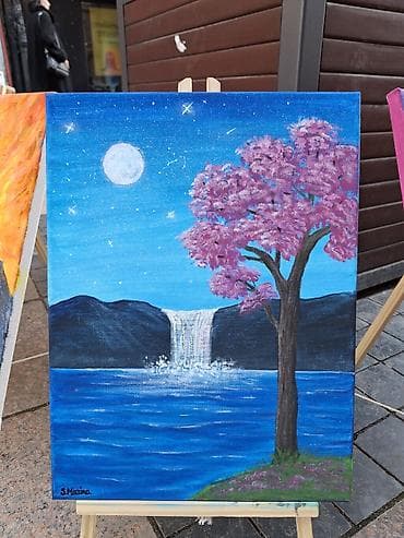 Ručno rađena slika – akril na platnu - Motiv: mesečev pejzaž sa