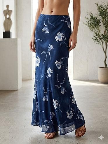 bershka suknje: Lepršava midaxi/maksi suknja u tamnoplavoj boji sa floralnim printom u — 1