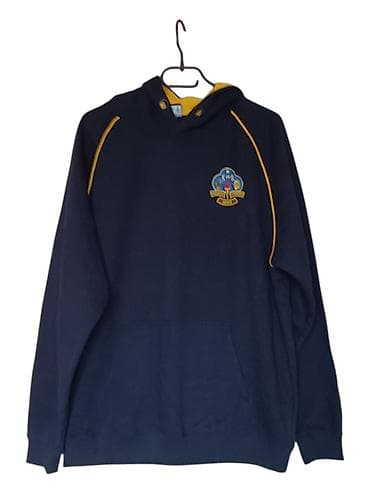 Coats and trench coats: Tamnoplava dukserica sa kapuljačom, školskog stila, sa žutim — 1