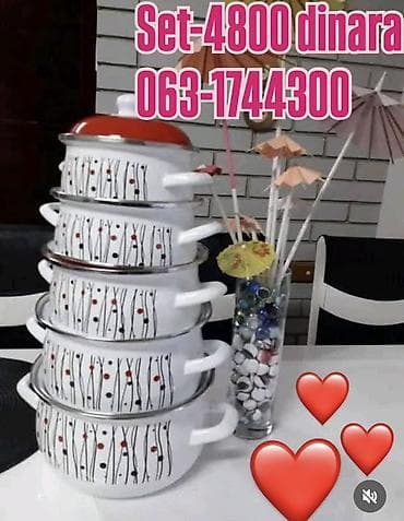 tupperware posuda za testo: Set emajliranih šerpi – 5 delova - Dizajn: belo sa crno-crvenim — 1