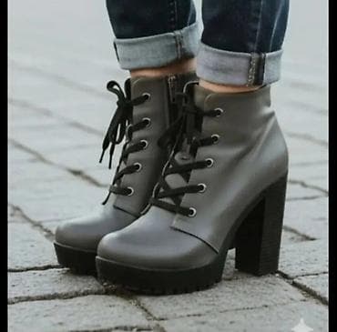 sive cizme: Ženske kožne gležnjače sa visokom štiklom i pertlama. - Boja: tamno — 1