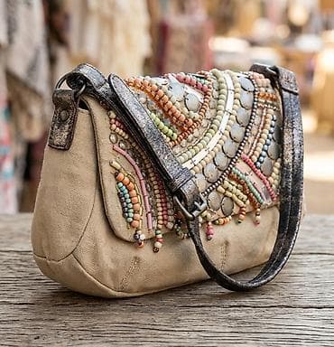 Boho torba preko ramena sa perlama i aplikacijama - Materijal: platno