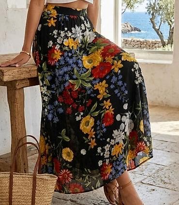 Duga ženska suknja sa živopisnim cvetnim printom - Kroj: duga