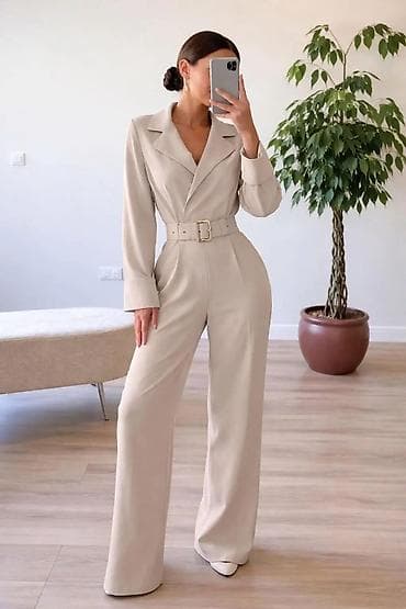 Aksesoari: Elegantni ženski kombinezon – bež - Kroj: dugačke, široke nogavice sa — 1