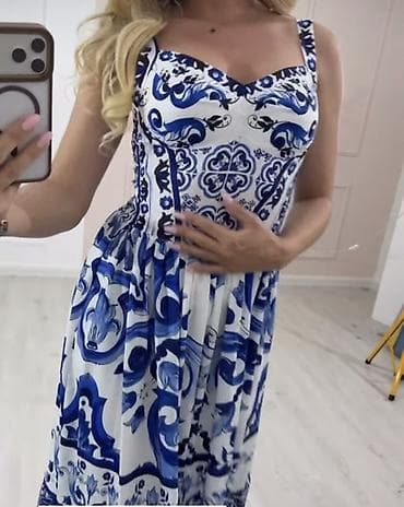 torba e: Plava letnja haljina na bretele sa raskošnim porcelanskim printom u — 3