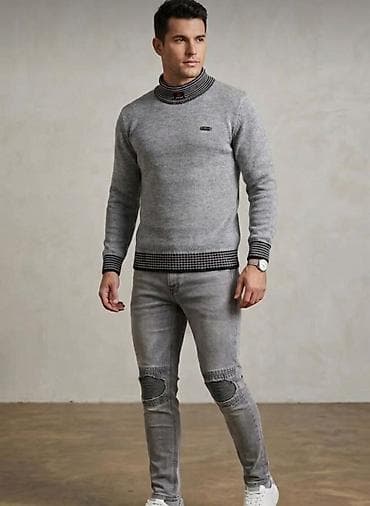 muške kargo pantalone: Muški komplet – sivi džemper i farmerke - Džemper: svetlosivi — 1