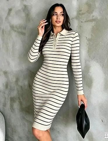 Rebrasta džemper-haljina sa prugama i kragnom - Model: uska