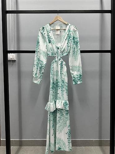 haljine polovne: Dugačaka letnja haljina sa tropskim printom - Krojen V-izrez napred — 2