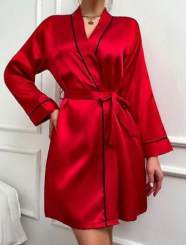 elegantne haljine do kolena: Saten kimono/bademantil, vel. XL – crvena boja - Materijal: glatki — 1