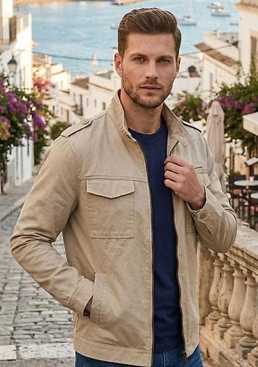 velur jakne: Muška lagana jakna – bež - Kroj: ravna silueta sa podignutim kragnom — 1