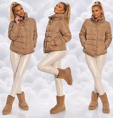 Ženska kratka zimska jakna – bež/karamel - Kroj: puffer, do kukova