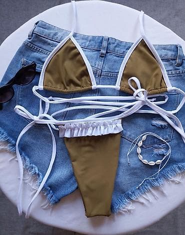 speed kupaci: Dvodijelni bikini set – maslinasto zeleni sa belim detaljima - Gornji — 1