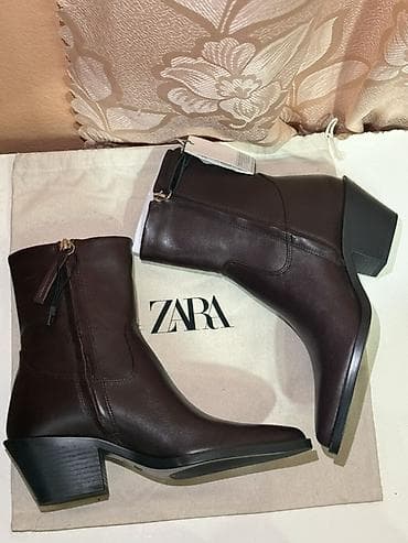 gleznjace sa stiklom: ZARA ženske kožne čizme – braon - Model: gležnjače sa blok petom i — 3