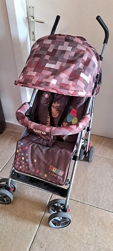 dexy co cizme za decu: Dečija kišobran kolica Siena – braon/pink dezen sa kockicama i žirafom — 1