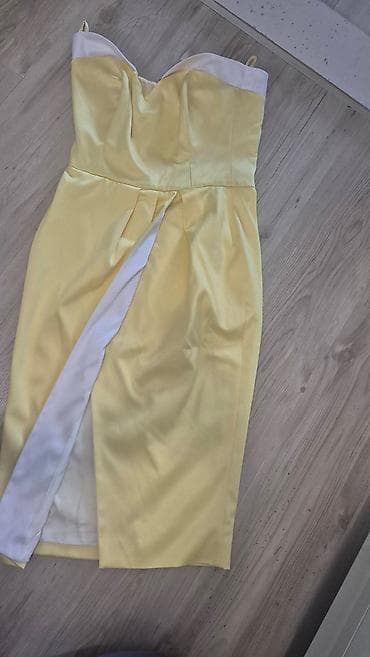 nudida womens clothing: Elegantna midi haljina bez bretela u nežno žutoj boji sa belim — 2