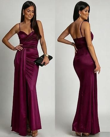 Svečana duga haljina od satenskog materijala sa tankim bretelama. Kroj