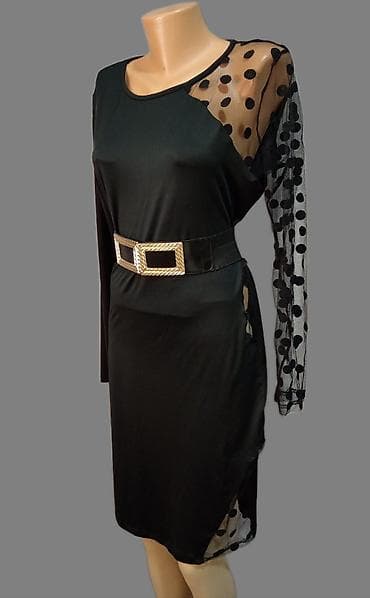 Crna elegantna haljina sa pojasom i prozirnim detaljima na tufne novo