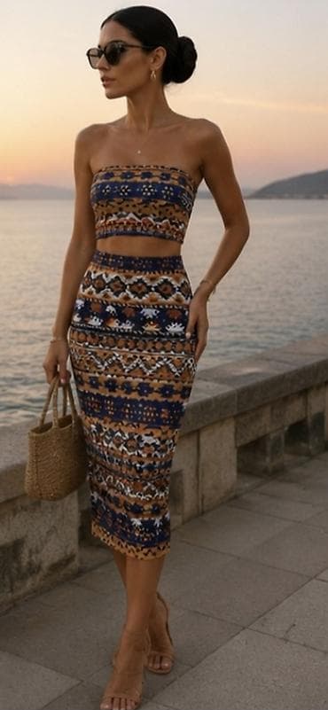 uske suknje ispod kolena: Komplet– crop top i midi suknja do pola lista. - Dizajn: Etno/boho — 1