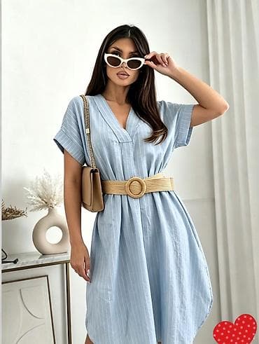 Haljine: Ženska letnja haljina na pruge, midi dužine, sa V izrezom i kratkim — 3