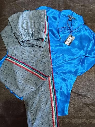Komplet – satenska košulja + karirane pantalone sa šljokičastim